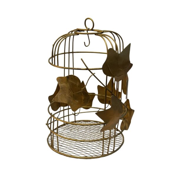 Gold Metal Birdcage With Decorative Leaf Accents For Home Decor Or Display - Picture 9 of 11